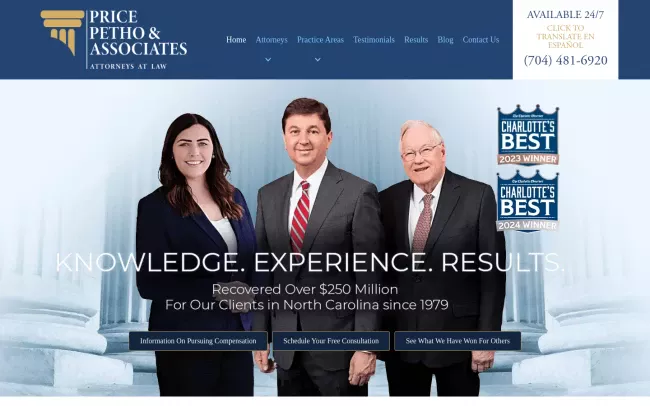 Screenshot of the Price Petho & Associates, Personal Injury Attorneys Website