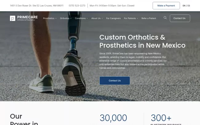 Screenshot of the PrimeCare Orthotics & Prosthetics Website