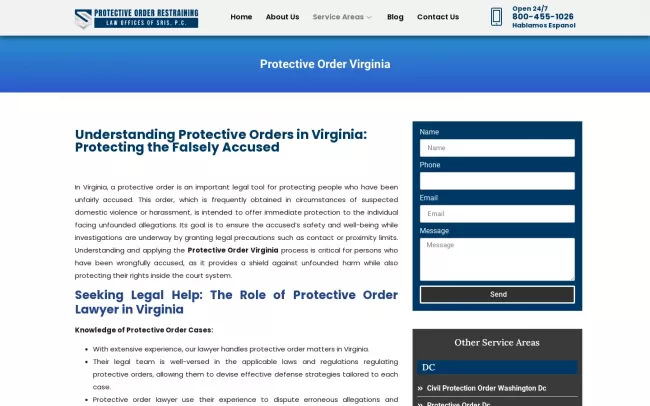 Screenshot of the The Law Offices of SRIS, P.C - Protective Order Virginia Website