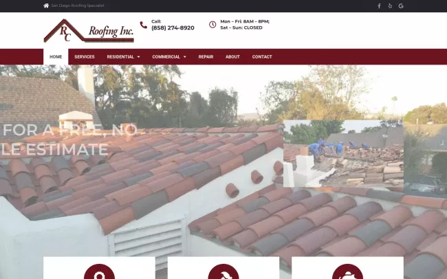 Screenshot of the RC Roofing Inc. Website