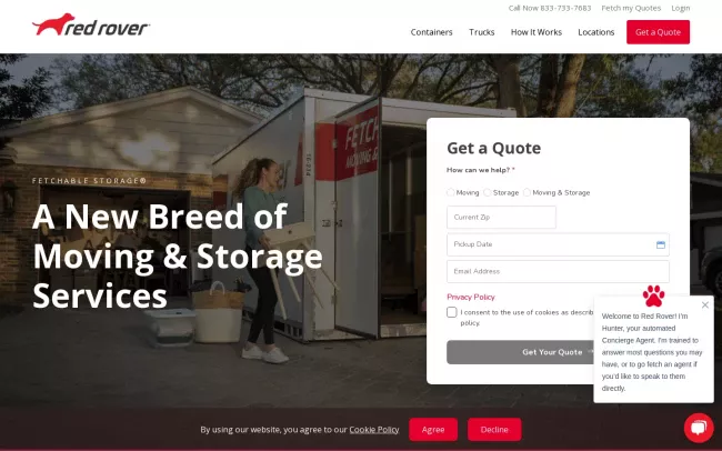 Screenshot of the Red Rover Moving & Storage Website