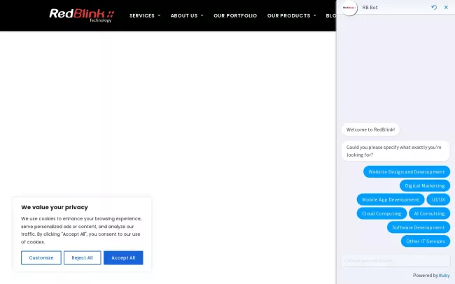 Screenshot of the RedBlink Technology Website