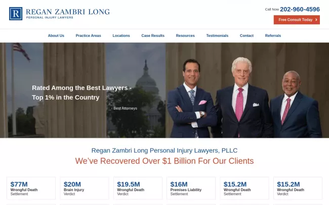 Screenshot of the Regan Zambri Long Personal Injury Lawyers, PLLC Website
