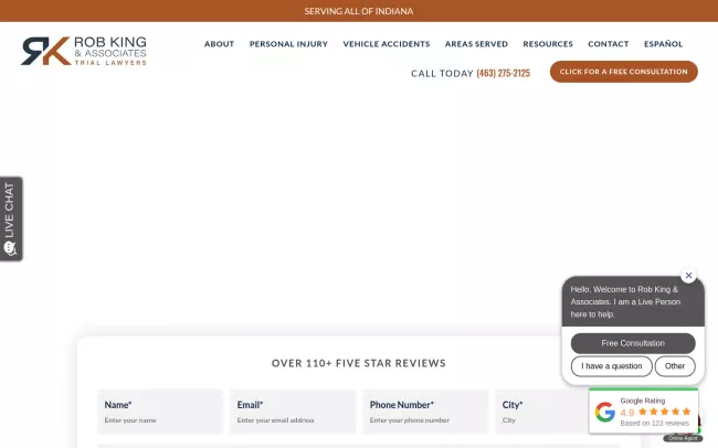 Screenshot of the Rob King & Associates, Trial Lawyers Website