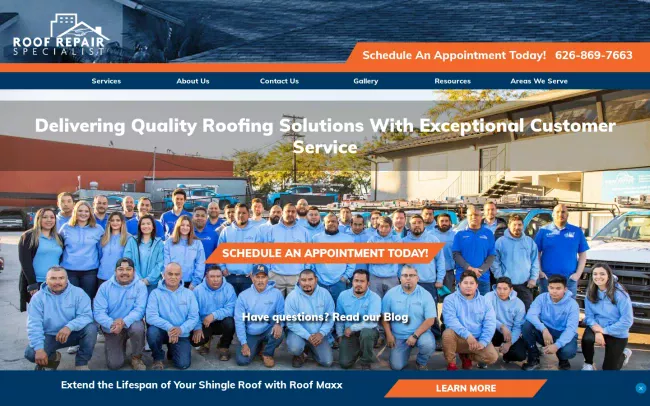 Screenshot of the Roof Repair Specialist Website