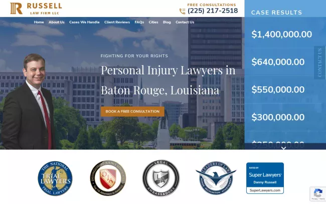 Screenshot of the Russell Law Firm, LLC: Baton Rouge Accident & Injury Lawyers Website