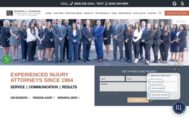 Screenshot of the Russell & Lazarus APC, Personal Injury Lawyer Website