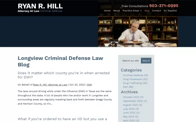 Screenshot of the Ryan R. Hill, Attorney at Law Blog