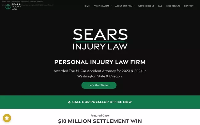 Screenshot of the Sears Injury Law, PLLC - Puyallup's #1 Car Accident, Wrongful Death, and Brain Injury Lawyers Website