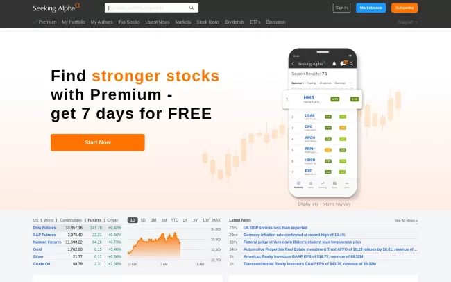 Screenshot of the Seeking Alpha Website