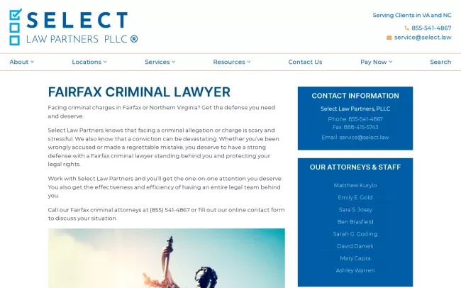 Screenshot of the Select Law Partners PLLC-Fairfax Criminal Defense Lawyer Website