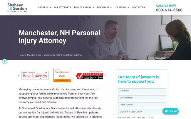 Screenshot of the Shaheen & Gordon, P.A.-Manchester, NH Personal Injury Attorney Website