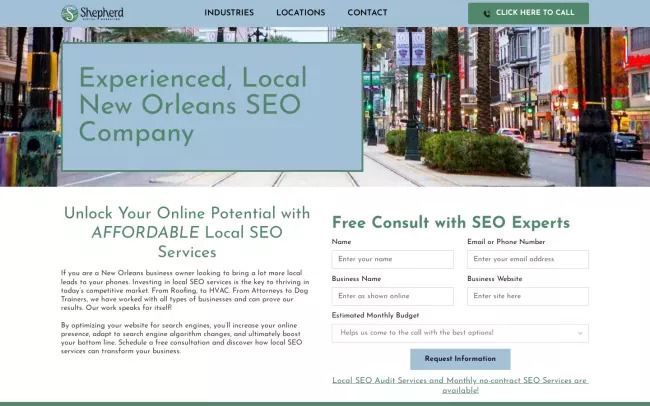 Screenshot of the Shepherd New Orleans SEO Company Website