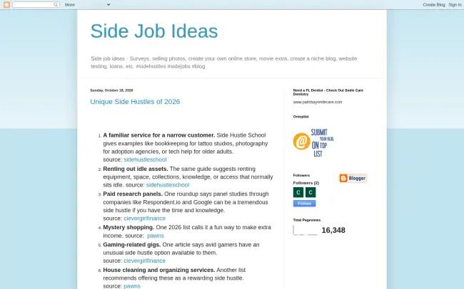 Screenshot of the Side Job Ideas Blog