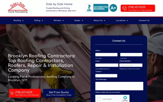 Screenshot of the Side by Side Roofing & Siding Contractors Brooklyn Website
