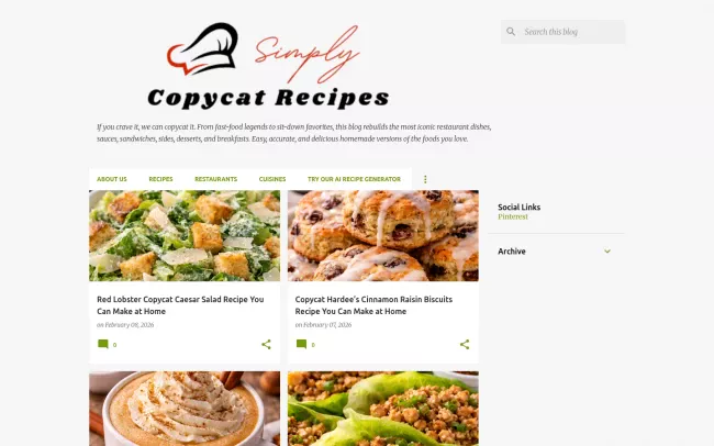 Screenshot of the Simply Copycat Recipes Blog