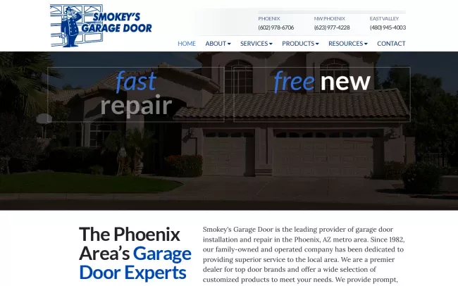 Screenshot of the Smokey's Garage Door Website