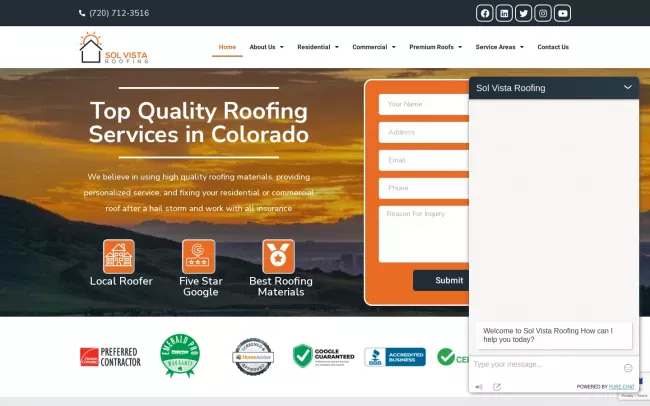 Screenshot of the Sol Vista Roofing Website