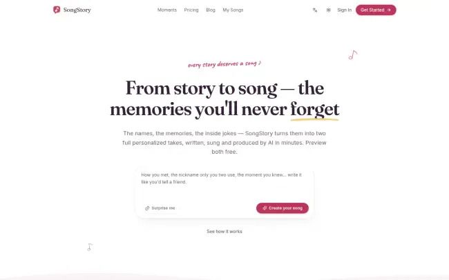 Screenshot of the SongStory Website
