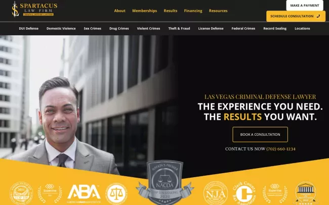Screenshot of the Spartacus Criminal Defense Lawyers Las Vegas Website