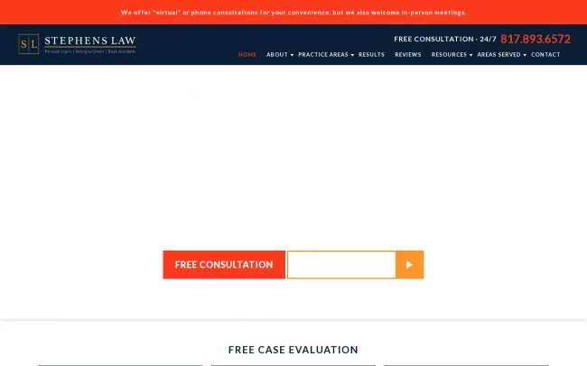 Screenshot of the Stephens Law Personal Injury | Wrongful Death | Truck Accidents – Fort Worth Office Website