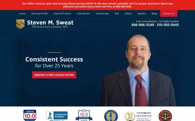 Screenshot of the Steven M Sweat, Personal Injury Lawyers, APC Website