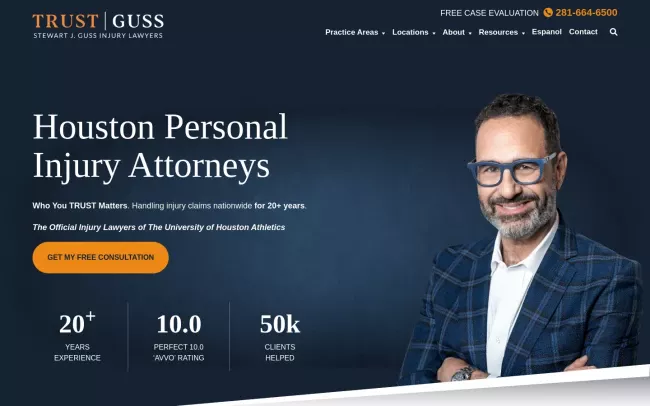 Screenshot of the Stewart J. Guss, Injury Accident Lawyers - Houston Website