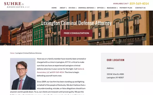 Screenshot of the Suhre & Associates DUI and Criminal Defense Lawyers - Lexington Office Website