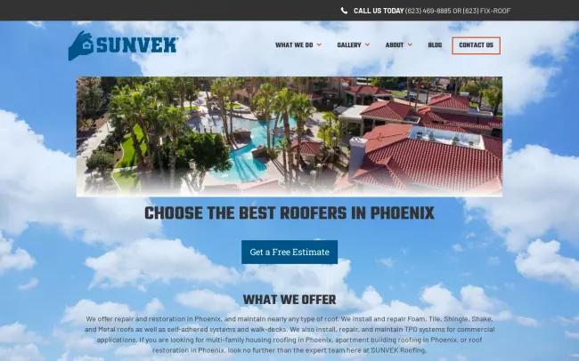 Screenshot of the SUNVEK Roofing Website