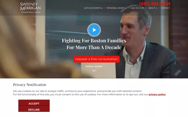 Screenshot of the Sweeney Merrigan Personal Injury Lawyers Website