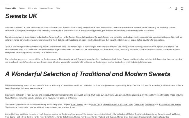 Screenshot of the Sweets Website