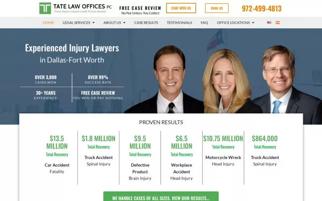 Screenshot of the Tate Injury Law Website