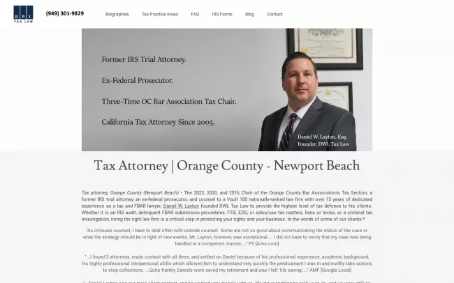 Screenshot of the Tax Attorney OC - Daniel Layton Website