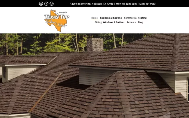 Screenshot of the Texas Top Roofing & Siding Website