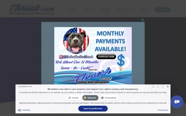 Screenshot of the Thrush & Son, LLC | Roofing, Siding, Windows & Home Improvements You Can Be Outright Proud Of Website