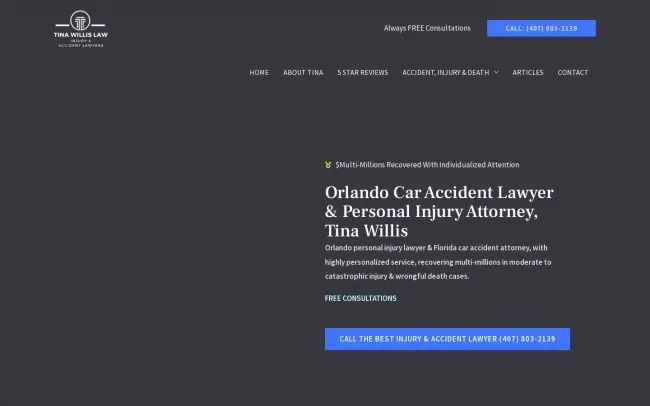 Screenshot of the Tina Willis Law Injury Accident Lawyers, P.A. Website