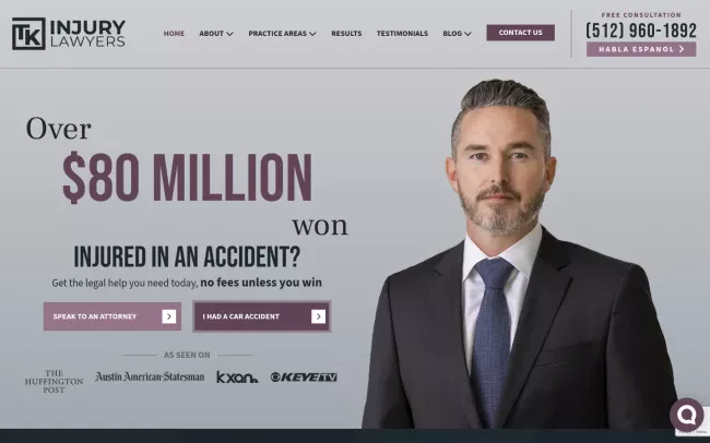 Screenshot of the TK Injury Lawyers: Austin Personal Injury Lawyer Website