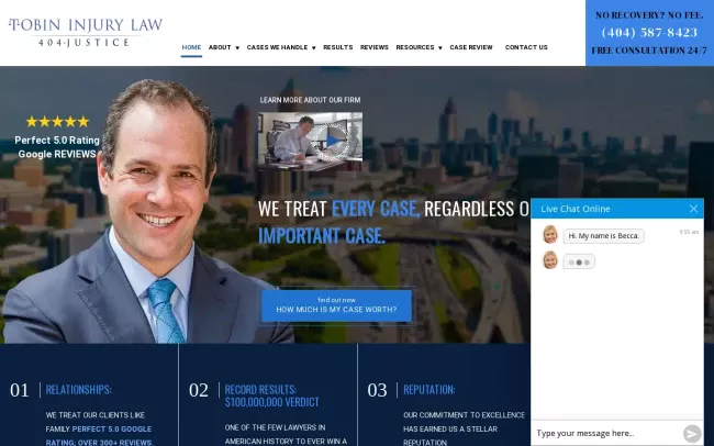Screenshot of the Tobin Injury Law - Atlanta Personal Injury Lawyer Website