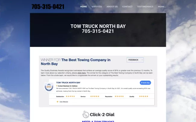 Screenshot of the Tow Truck North Bay Website