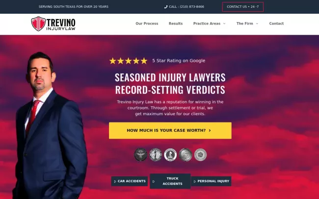 Screenshot of the Trevino Injury Law - 18 Wheeler and Car Accident Lawyers Website