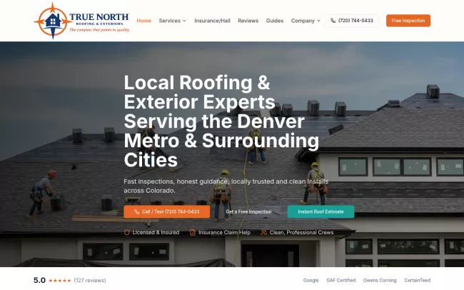 Screenshot of the True North Roofing & Exteriors Website