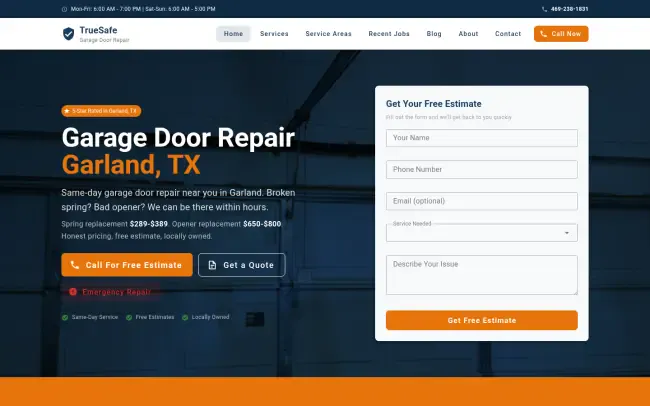 Screenshot of the TrueSafe Garage Door Repair Website