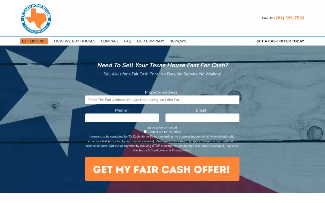 Screenshot of the TX Cash Home Buyers | We Buy Houses Cash Website