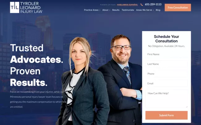 Screenshot of the Tyroler Leonard Injury Law Website