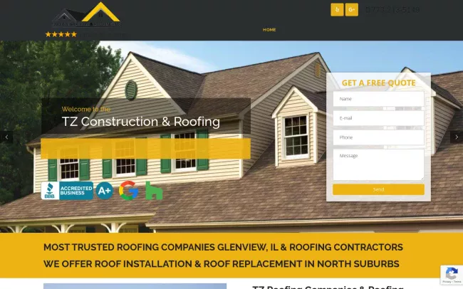 Screenshot of the TZ Roofing Website