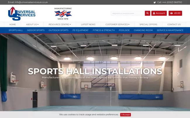 Screenshot of the Universal Services (Sports Equipment) Ltd Website