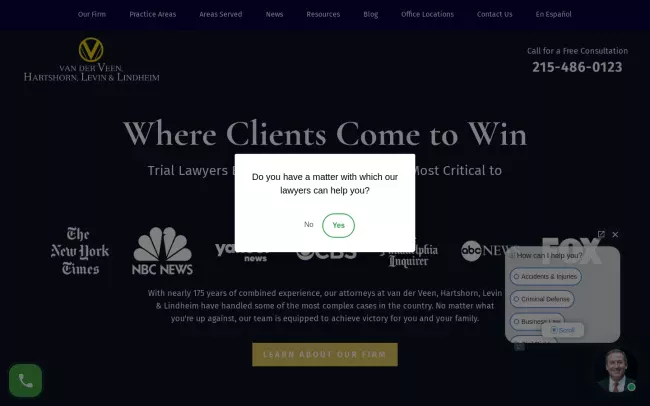 Screenshot of the van der Veen, Hartshorn, Levin & Lindheim Website