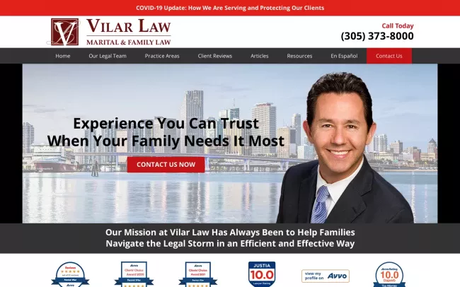 Screenshot of the Vilar Law, P.A. Website