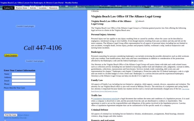 Screenshot of the Virginia Beach Law Office of the Alliance Legal Group Website