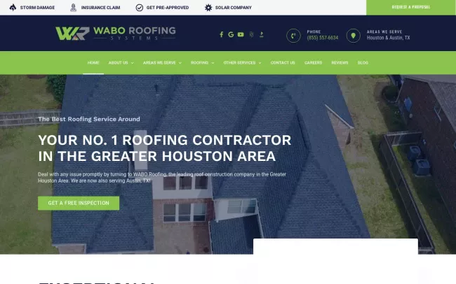 Screenshot of the WABO Roofing Systems - Premier Roofer in Houston, TX Website